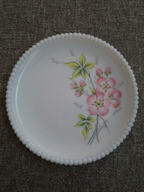 Milk Glass Beaded Edge 7 1/2"  Plate Hand Painted Flower 