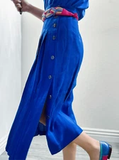 Vintage 80s Michelle Stuart Klein Blue Knitted Pleated Midi Skirt Side Slit Size