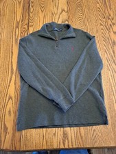 VTG Polo Ralph Lauren 1/4 Zip Sweater Mens Size Lg Gray Red Pony Knit Pullover