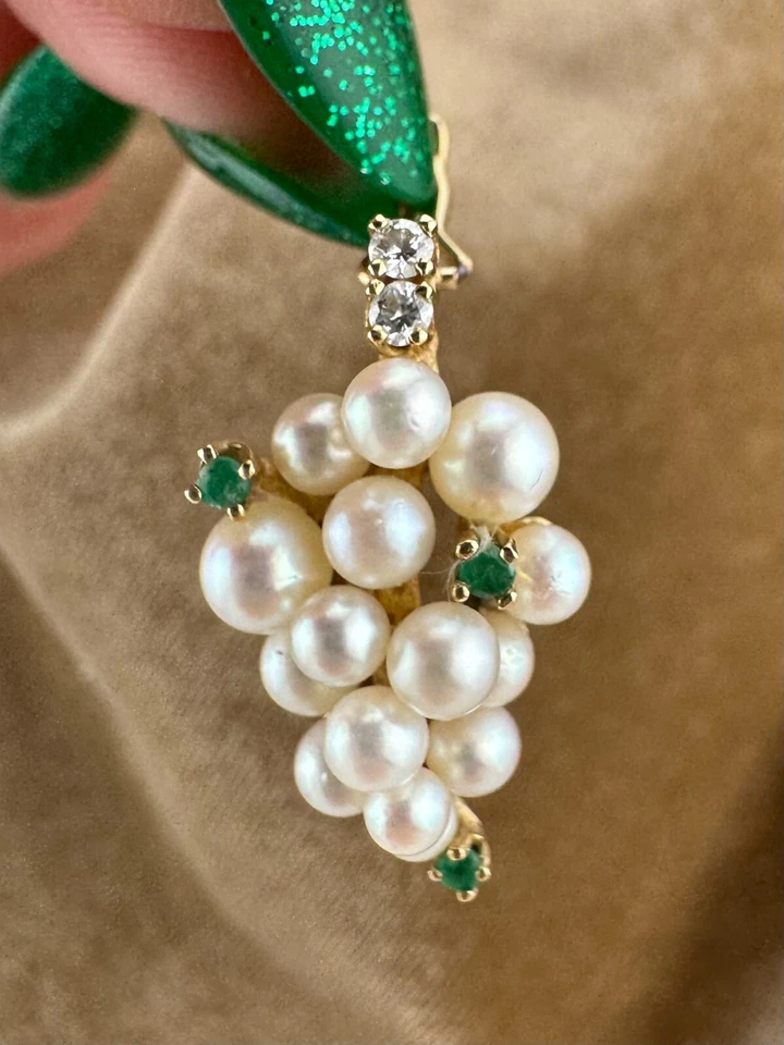 Vintage 14 Karat Gold Grape Pearl Enhancer Pendant with Diamonds & Emeralds - Image 2 of 4