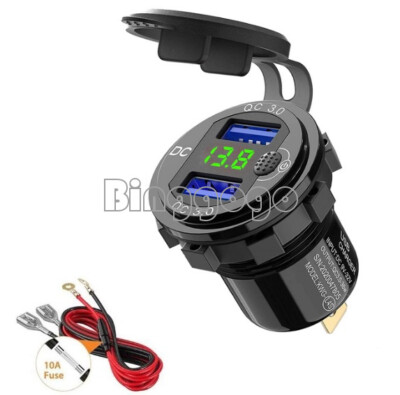 Dual USB Charger 36W QC3.0 Waterproof Voltmeter Switch For 12V/24V Motorcycle