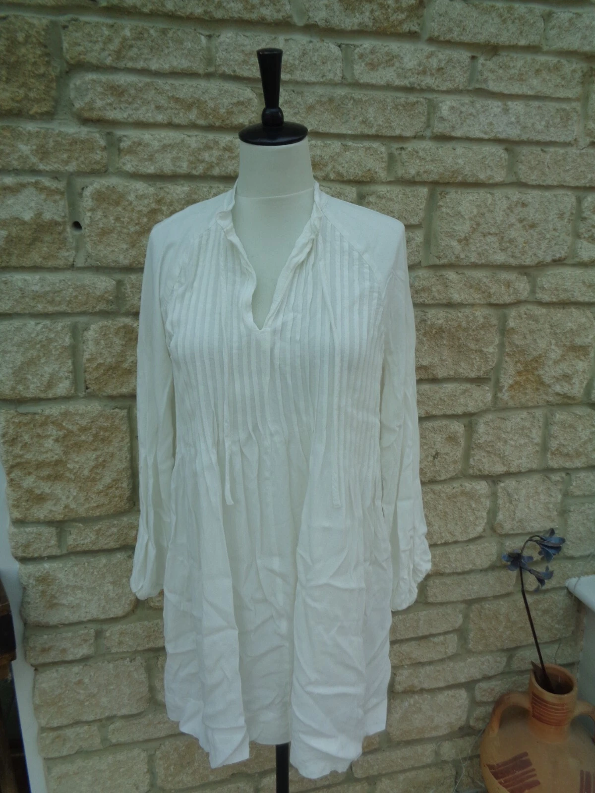 OFF WHITE Abito tunica H&M bianco sporco viscosa plissettato eur 40 UK 12