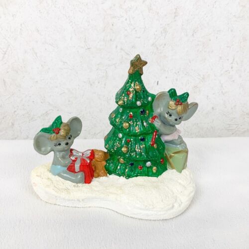 Vintage Baby Mice With Christmas Tree Mold Figure Hand Painted Glitter - Afbeelding 1 van 8
