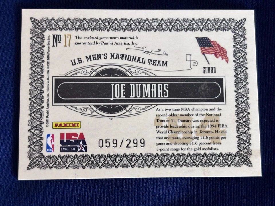 Joe Dumars 2010-11 金标准比赛穿用奥运球衣卡/299 #17 — 第 2/2 张图片