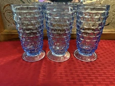 Vintage Indiana Glass Whitehall Cubist Set of 3 Blue Iced Tea Tumblers 6" footed