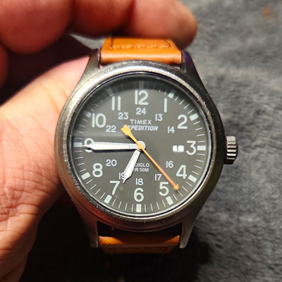 Timex Expedition Quartz Watch Black Dial Date 24-Hour Brown Leather Strap 50m