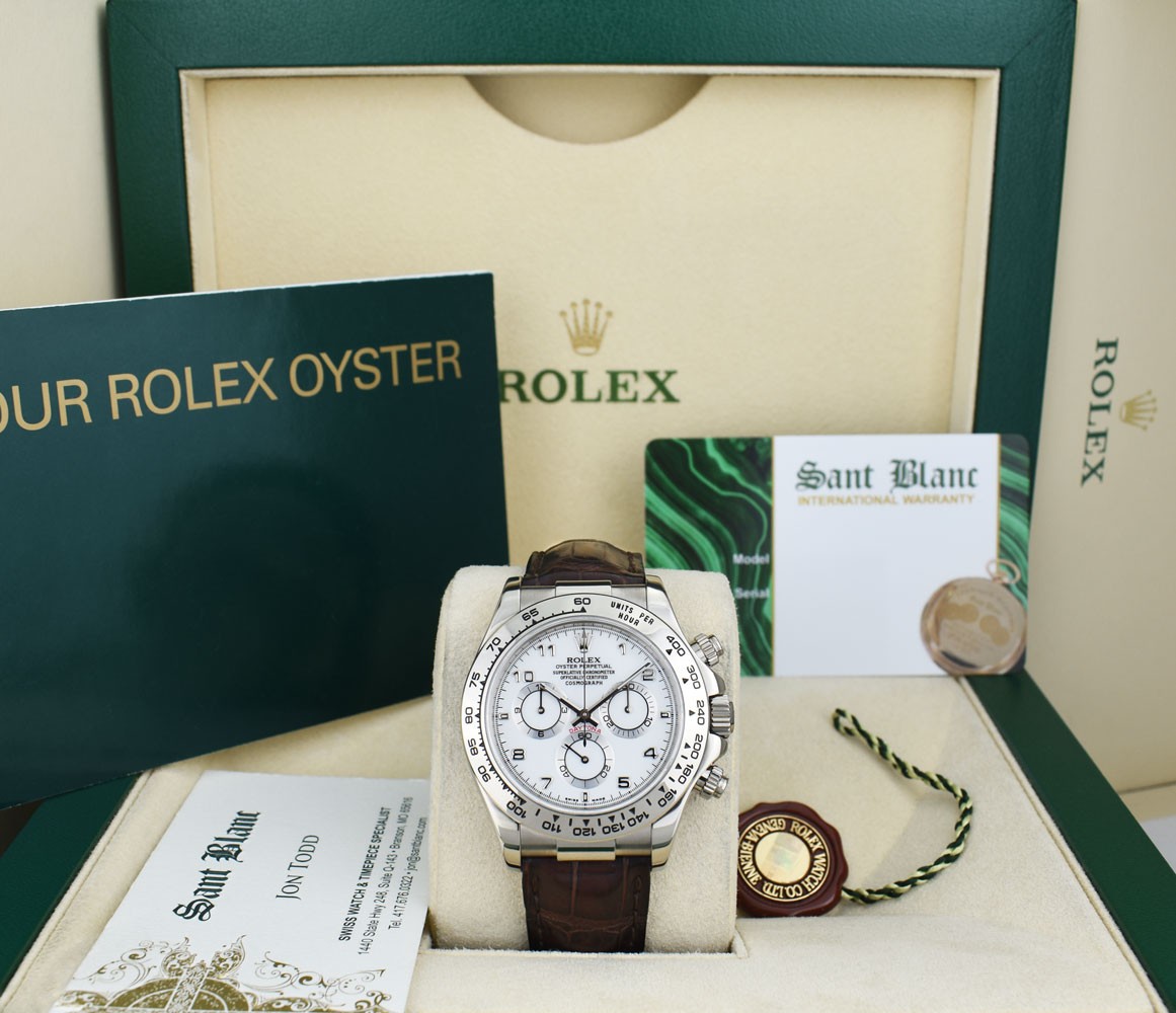 ROLEX 18kt White Gold DAYTONA White Dial Brown Alligator Strap 116519 SANT BLANC