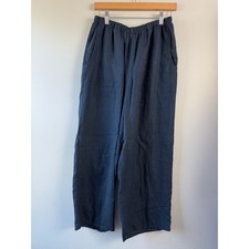 FLAX Linen Floods Wide Leg Pants Navy Blue Elastic Waist Pockets Lagenlook Small
