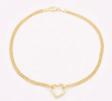 10" Open Shiny Heart Anklet Bracelet w/ Double Rolo Chain Real 10K Yellow Gold