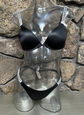VICTORIA'S SECRET SHINE STRAP PUSH UP BRA THONG SET 34B/M BLACK NWT 99