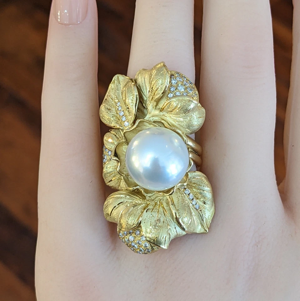 Large South Sea Pearl and Diamond Flower Ring in 18k Yellow Gold - HM2739AA