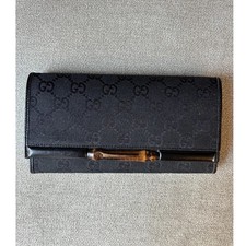 Gucci Black Bifold Wallet Bamboo Accent Logo Pattern Women's Multiple Card Slots