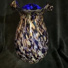 Murano-Style Handblown Glass Cobalt Blue copper speckled swirl ruffle edge Vase