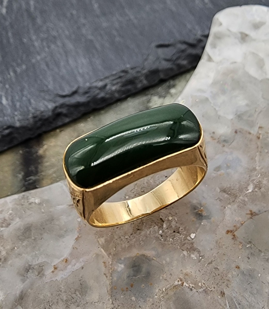 14k .585 Yellow Gold Jadeite China Deep Green Saddle Sz 8 Ring Au