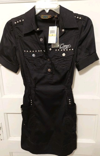 Nwts $107 Coogi Junior Size Medium Black Studded Snap Front Short Sleeve Dress