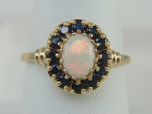 Vintage 10K Yellow Gold Natural Opal Cabochon and Sapphire Ring Size 8.25