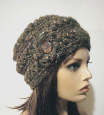 crochet womans handmade flower hat beanie wool forest green puffs USA