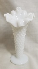 Fenton Glass  Trumpet Vase  Hobnail  White Milk  5   0800