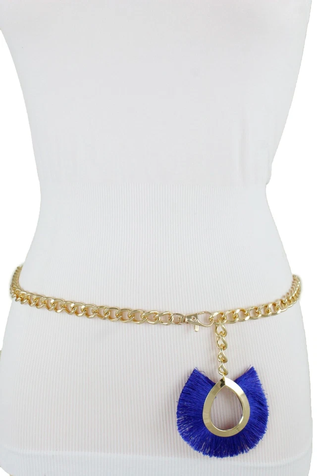 Women Hip High Waist Skinny Strap Belt Gold Metal Chain Royal Blue Charm M L XL - Image 2 of 4