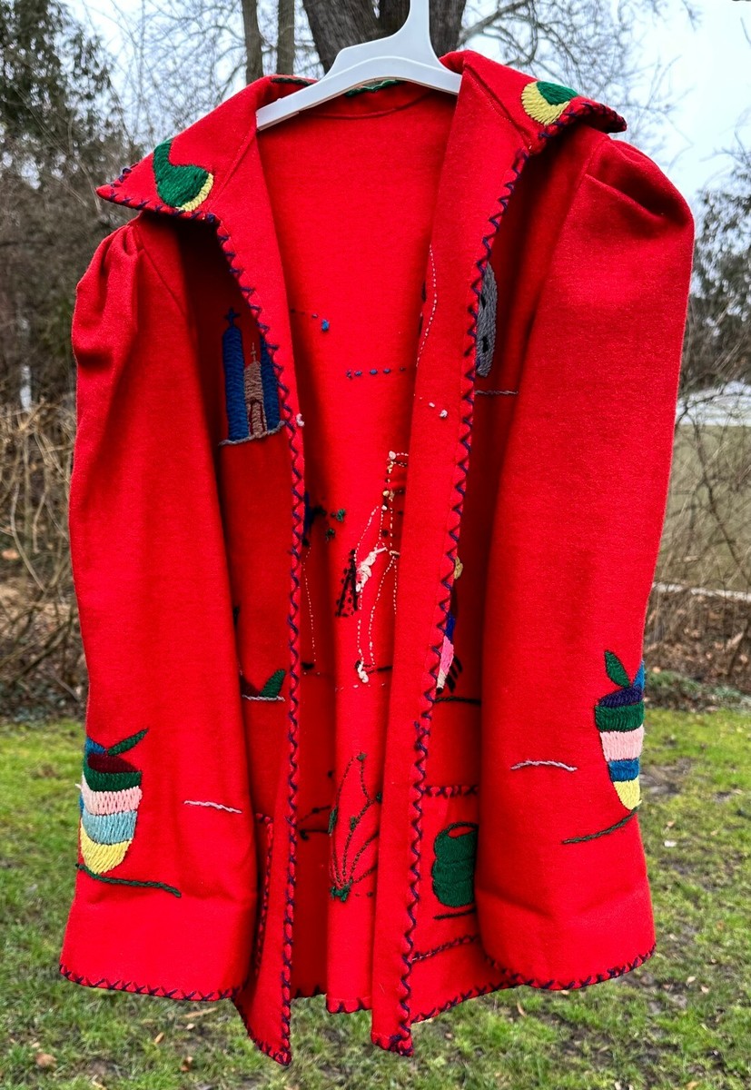 Vintage Mexican Embroidered Souvenir Open Blazer Jacket 1950s Red