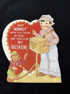 Valentine s Day Card Vintage Die  Cut Don t Monkey With This Heart Of Mine #2