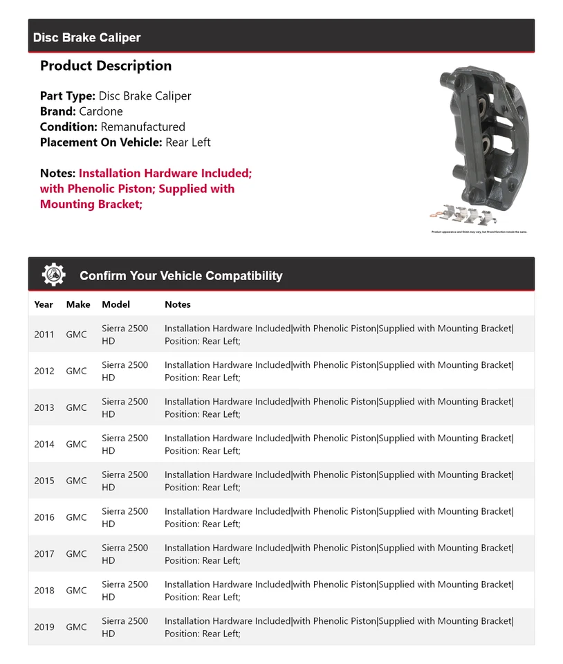 Штангенциркуль дискового тормоза задний левый Cardone 2012 2013 для GMC Sierra 2500 HD 2011-2019 годов выпуска - Изображение 2 из 4