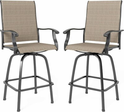 Outdoor Swivel Bar Stools With Arms Set of 2 Patio Bar Height Sling Chairs Brown