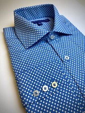 DESIGNER Mens Polka Dot Dress Shirt Blue and White. Size L. 17.5/36.25" Cotton.