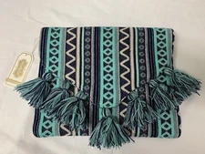 MUD PIE CLUTCH PURSE NEW W TAGS NAVY TEAL WHITE GRAY POM POMS SNAP CLOSURE