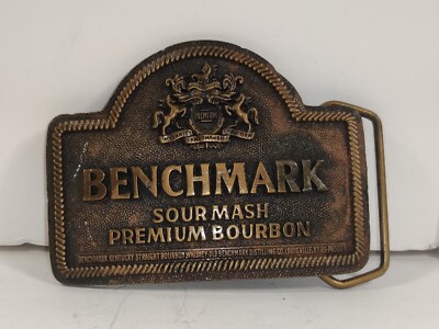 Benchmark Sour Mash Premium Bourbon Vintage 1970 Belt Buckle Indiana Metal Craft