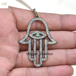 Authentic Pave Diamond Hamsa Pendant 925 Sterling Silver Gold Plated Jewelry