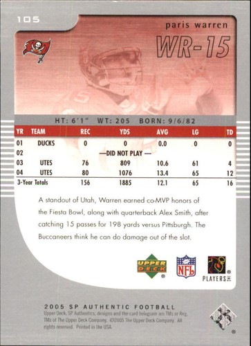 A2829- 2005 SP Authentic Rookie Gold 100 #105 Paris Warren /100 - Picture 2 of 2