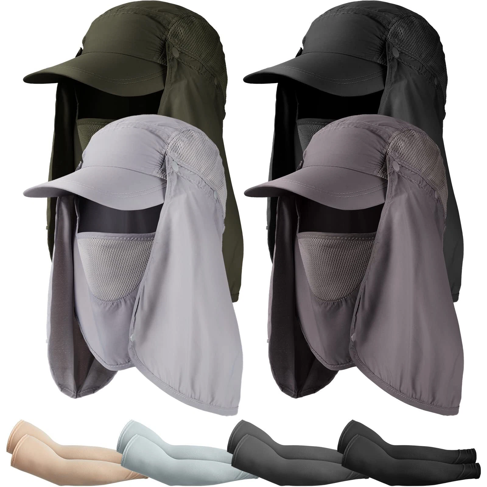 4 Sets Sun Protection Hat with Cooling Arm Sleeves Neck Flap for Hiking Fishing
