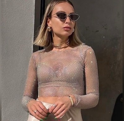 ZARA MESH CRYSTAL RHINESTONE EMBELLISH GOLD CROP TOP FISHNET SHEER SEE THROUGH S
