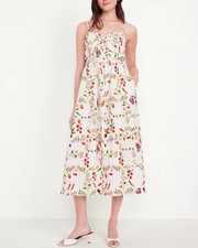 Old Navy Midi Dress Red Floral Fit Flare Seersucker Preppy Boho Vacay Large NWT