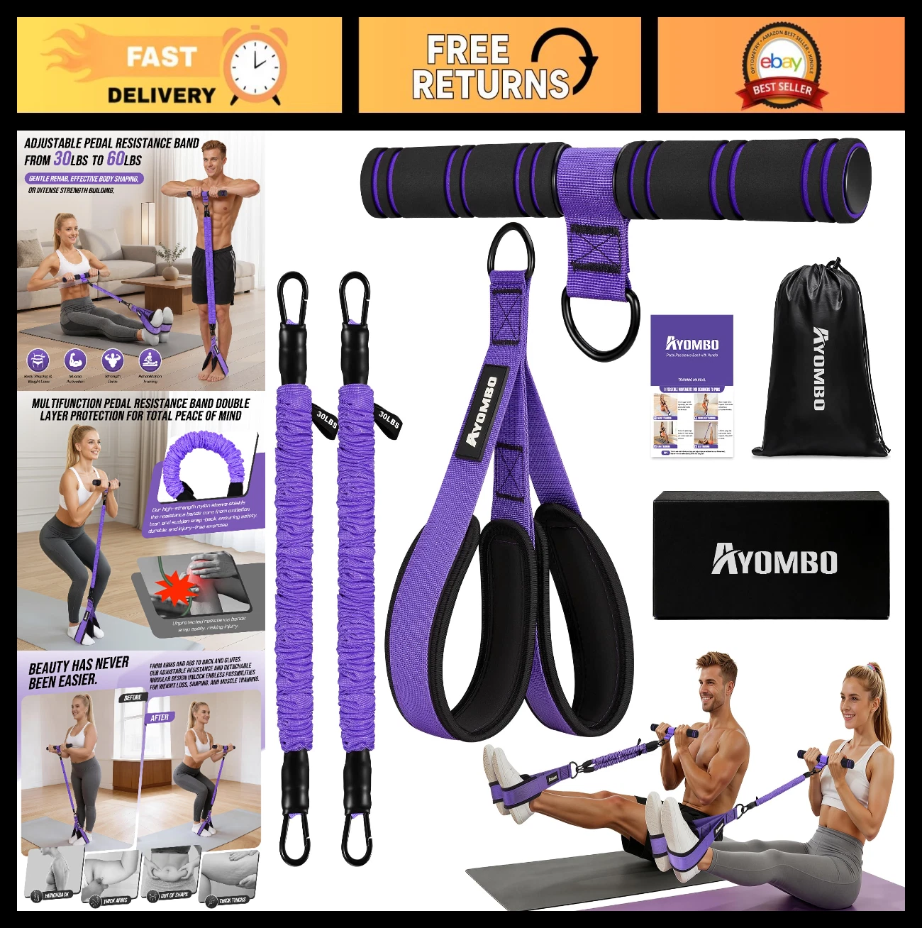 Adjustable Resistance Bands with Handles - Foot Pedal Exercise Equipment for Ful