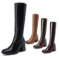 Women Low Chunky Heel Gogo Boots Square Toe Side Zipper Knee High Boots