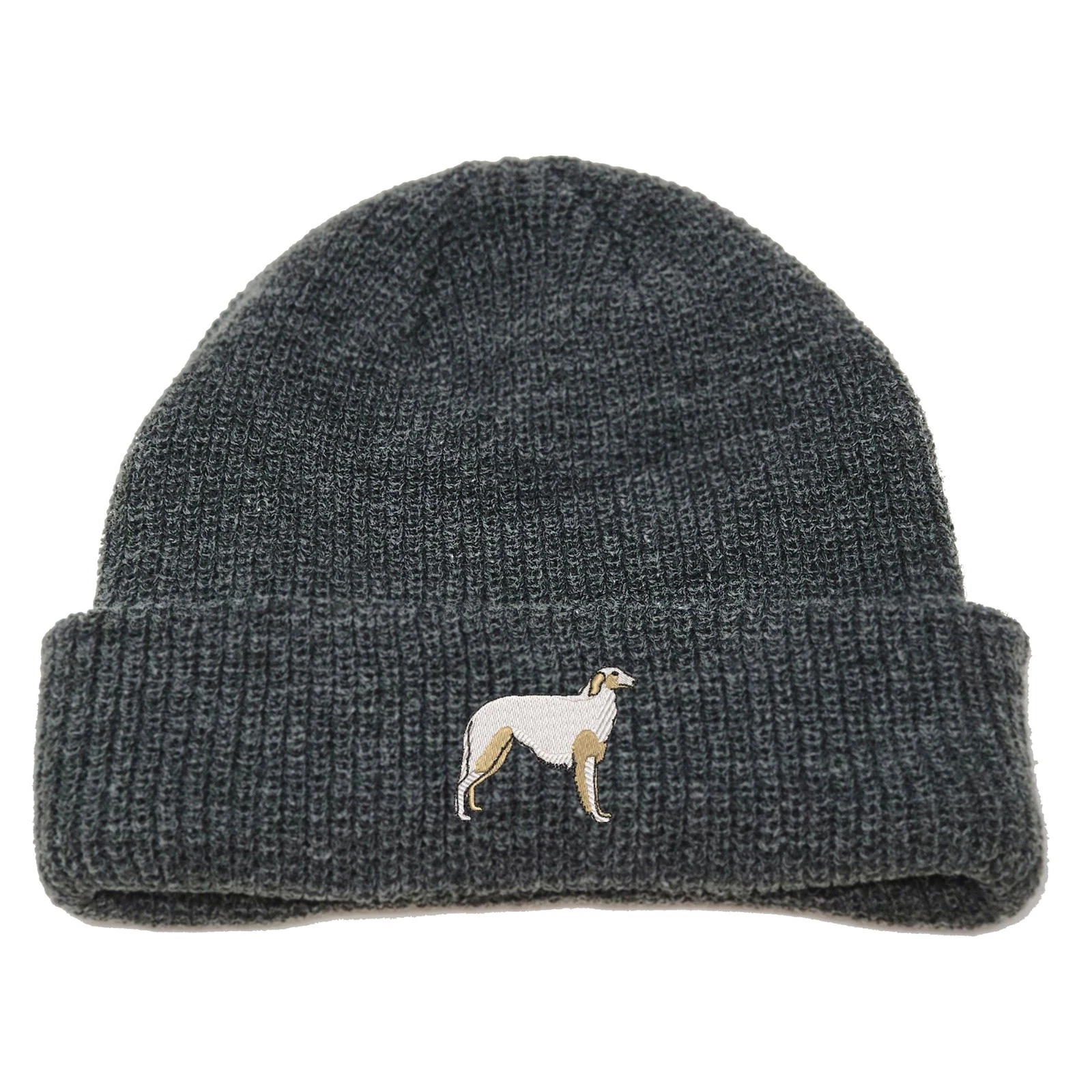 Borzoi dog embroidered dock docker beanie hat- charcoal grey