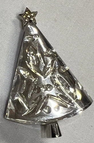 A25- Vtg Eisenberg Signed Clear Crystal  Christmas Tree Brooch Silver Tone Rare