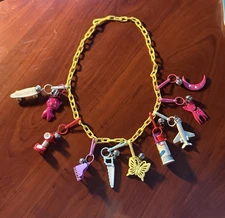 VINTAGE 1980’S LARGE BELL CLIP CHARMS 80’S PLASTIC CHARM NECKLACE w/ 10 Charms