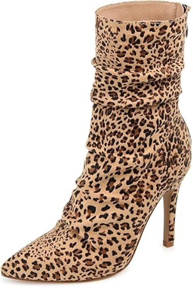 Journee Collection Markie Slouchy Botines Mujer 8 Leopardo Marrón Punta Stiletto Foto 4 de 4