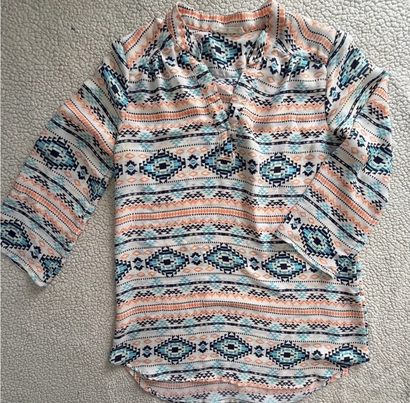 Wishful Park Geometric Aztec Multicolor 3/4 Sleeve V-Neck Tunic Blouse L