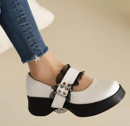 Damenschuhe Mary Janes bequeme Retro-Pumps rund geschnitten Schnalle Plateau Halbschuhe - Bild 7 von 14