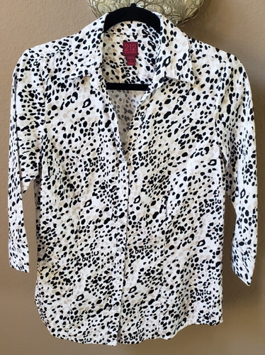 212 Collection Sz Small Black Beige Animal Print Cotton 3/4 Sleeve Button Down