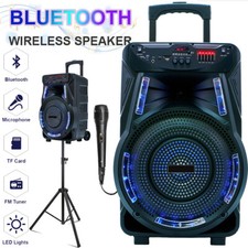 2700W 15" Rechargeable Bluetooth Speaker w/LED Party Lights, Wired Mic  Stand