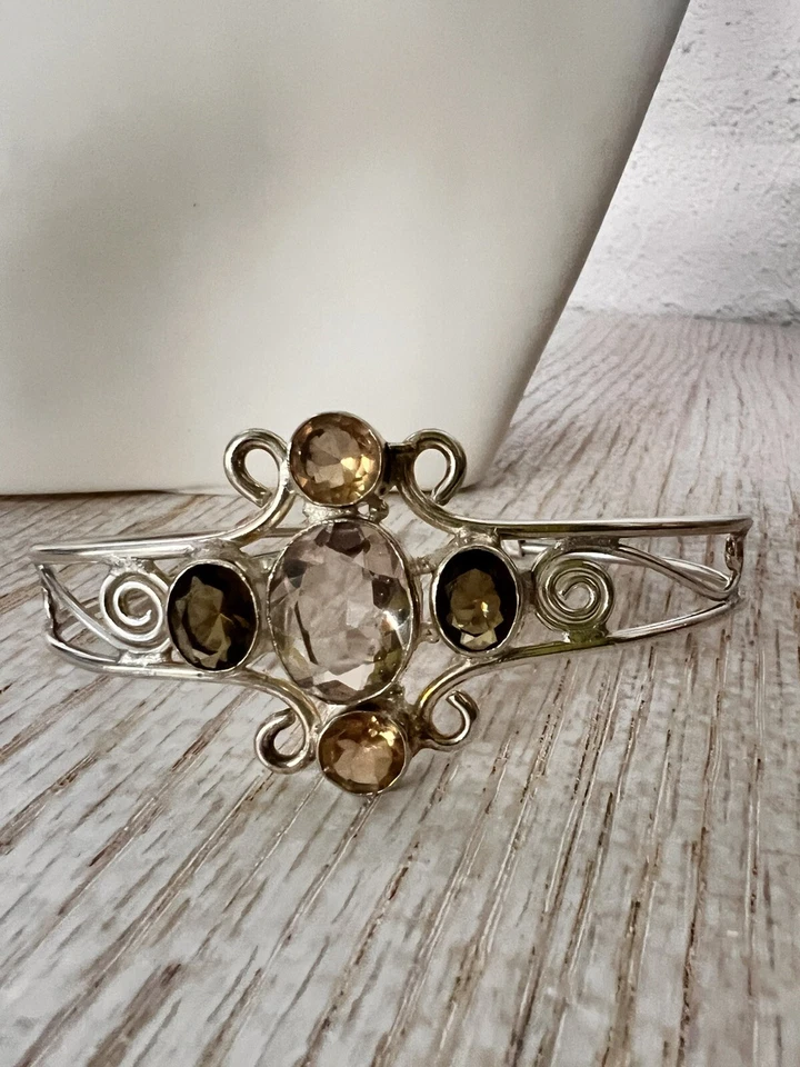 Cuff bracelet Smoky Quartz Topaz Gemstones signed 925 Silver Plated - Image 2 of 4