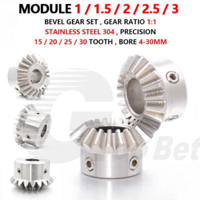 Bevel Gear Set Mod 1/1.5/2/2.5/3 Stainless Steel 1:1 Pairing 15/20/25/30 Tooth
