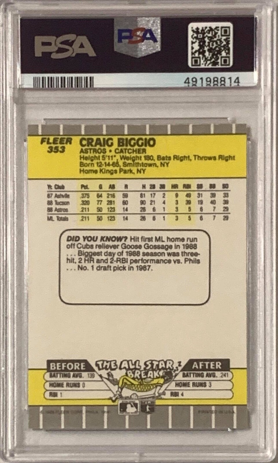 KILLER B CRAIG BIGGIO 1989 FLEER PSA 9 MINT VINTAGE BASEBALL CARD HOUSTON ASTROS view 2