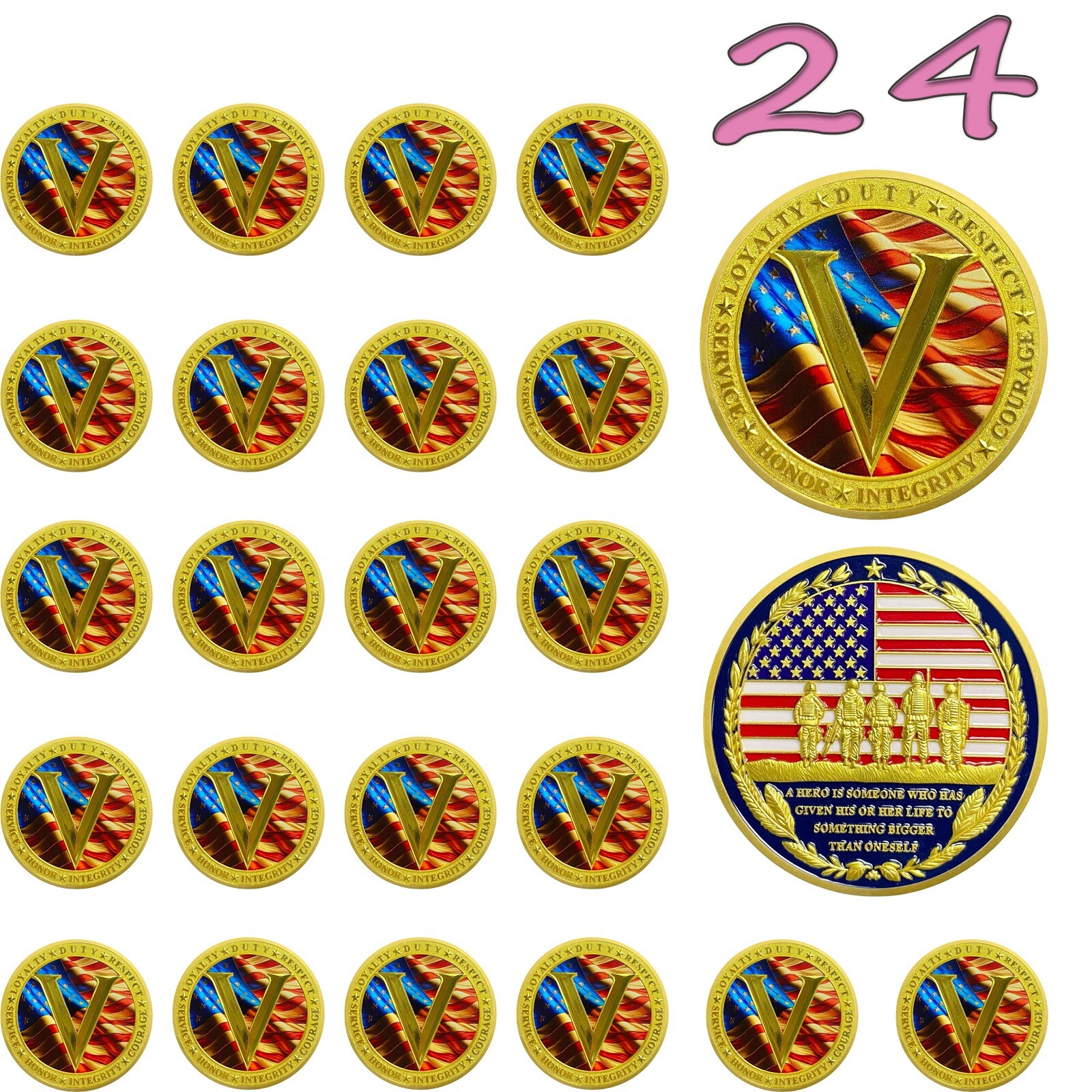 24 Pcs Military Veterans Coins - Thank You For Your Service- Appreciation Gifts