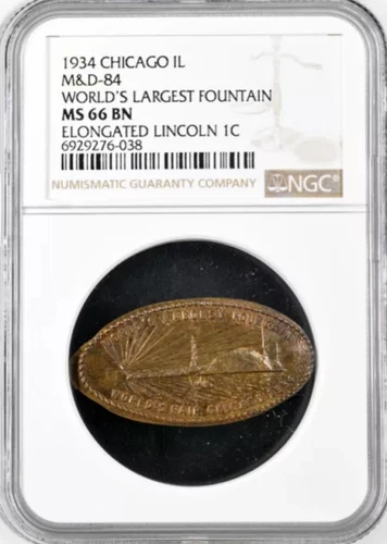1934 CHICAGO Century of Progress Elongated Cent-World's Lrgst Fountain, NGC MS66